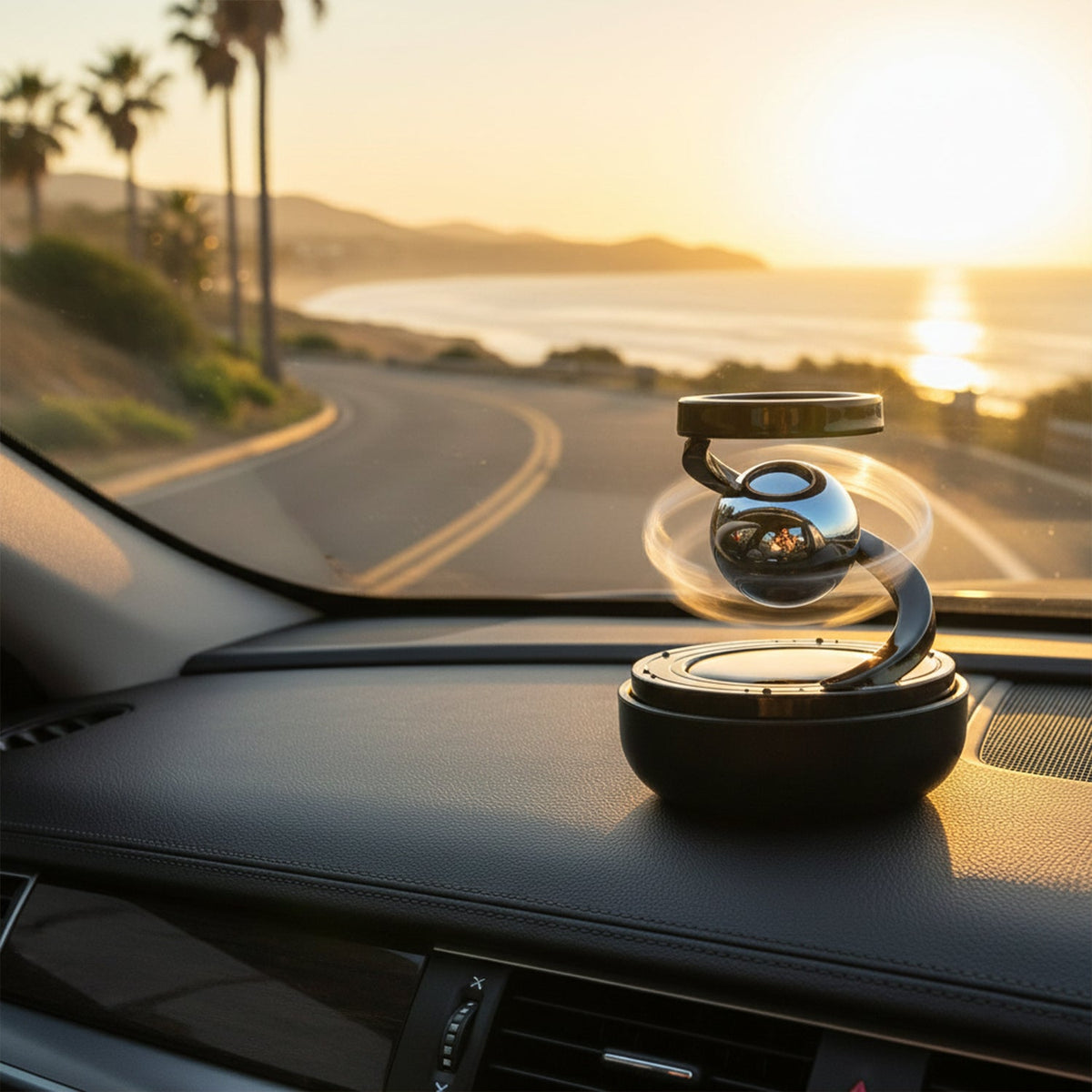 Rotating air freshener dashboard car ornament with glass sphere and metal spiral/ring structure-decorative display accessory