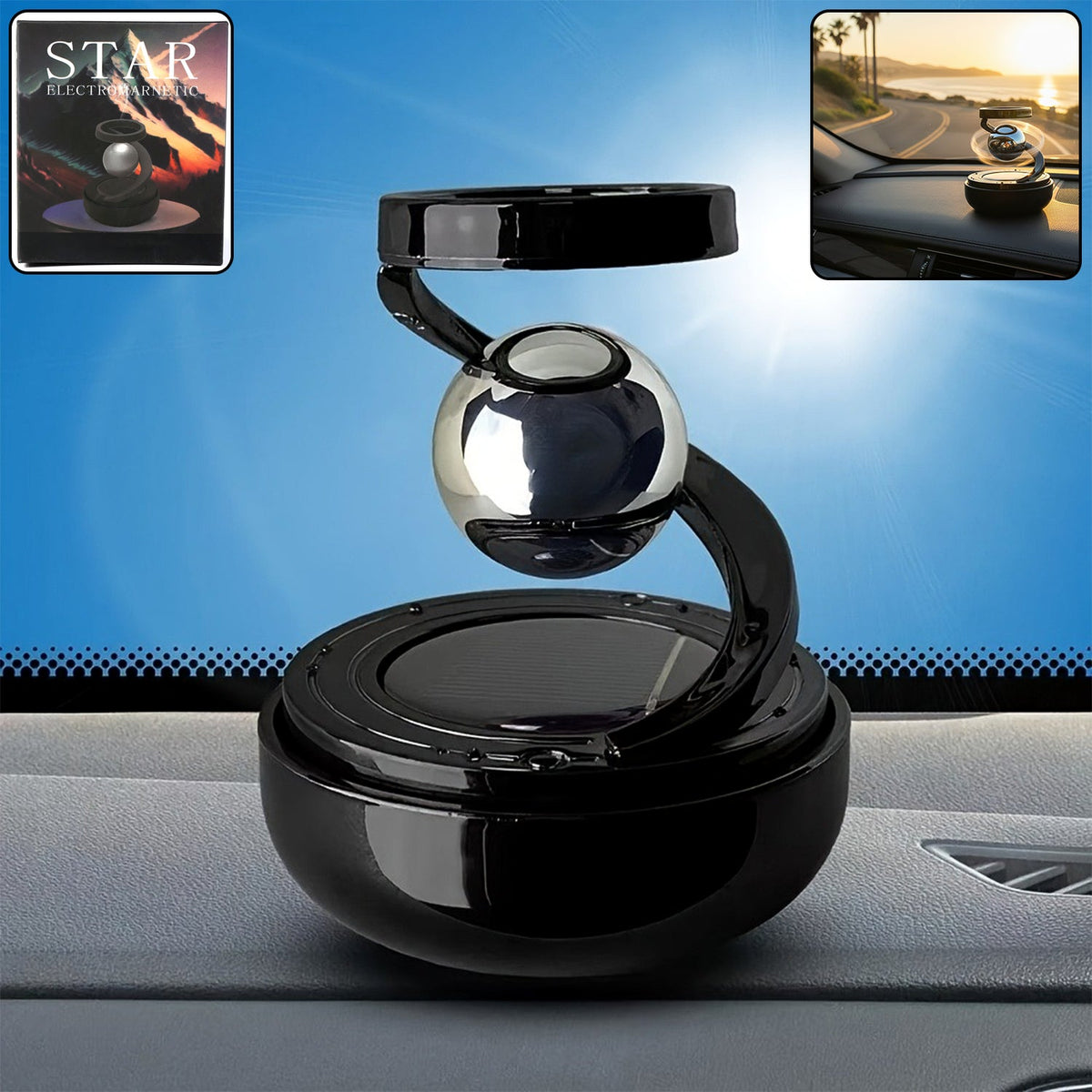 Rotating air freshener dashboard car ornament with glass sphere and metal spiral/ring structure-decorative display accessory